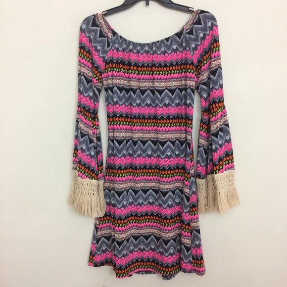 2B Together Crochet Fringed Bell Sleeve Tunic Dress Aztec Boho Tribal Size Large - Picture 5 of 5